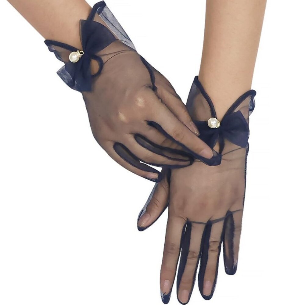 Women's Navy Blue Bow Tulle Pearls Mesh Tea Short Gloves Party Prom Accessories